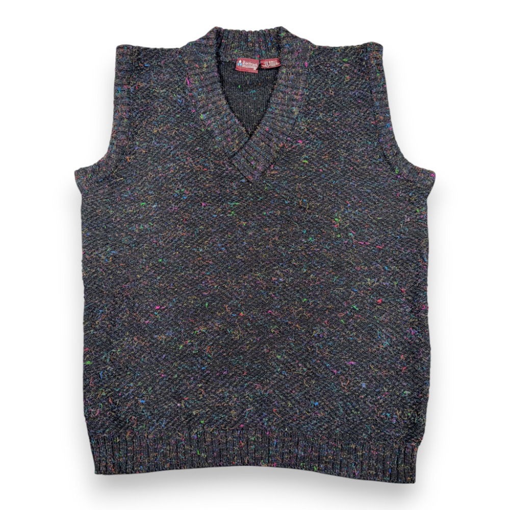 Vintage Bachrach Sweater Vest Adult MEDIUM Black Confetti Knit Wool Blend 80s